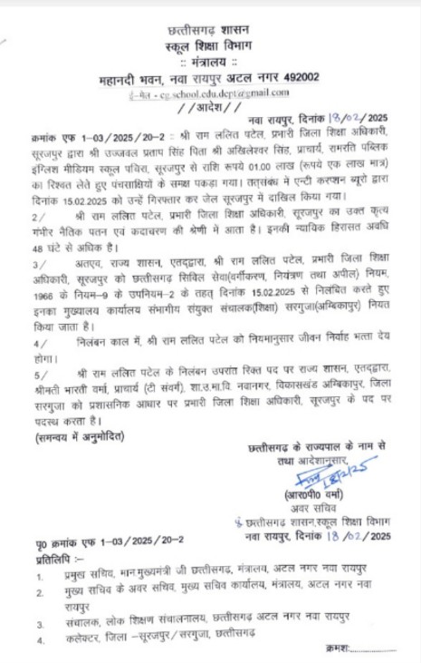 राज्य सरकार की बड़ी कार्रवाई, जिला शिक्षा अधिकारी निलंबित, उनके स्थान पर नए जिला शिक्षा अधिकारी नियुक्त किए गए