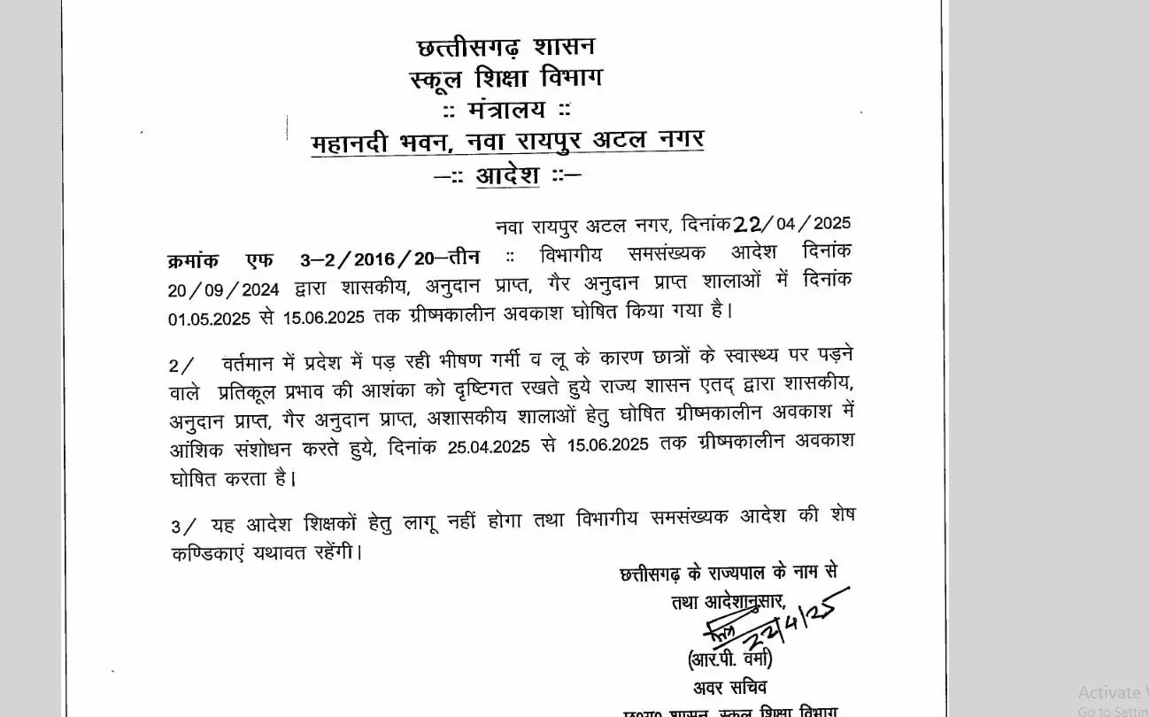 25 अप्रैल से स्कूलों में गर्मी छुट्टी का ऐलान